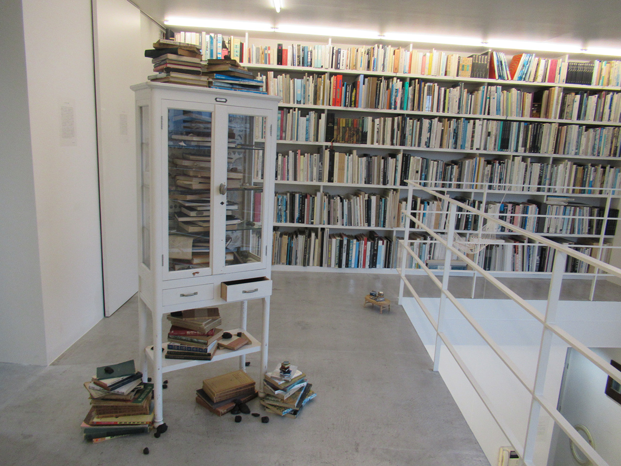ギャラリーの書棚のあるスペースに展示された「STRATA／地層」